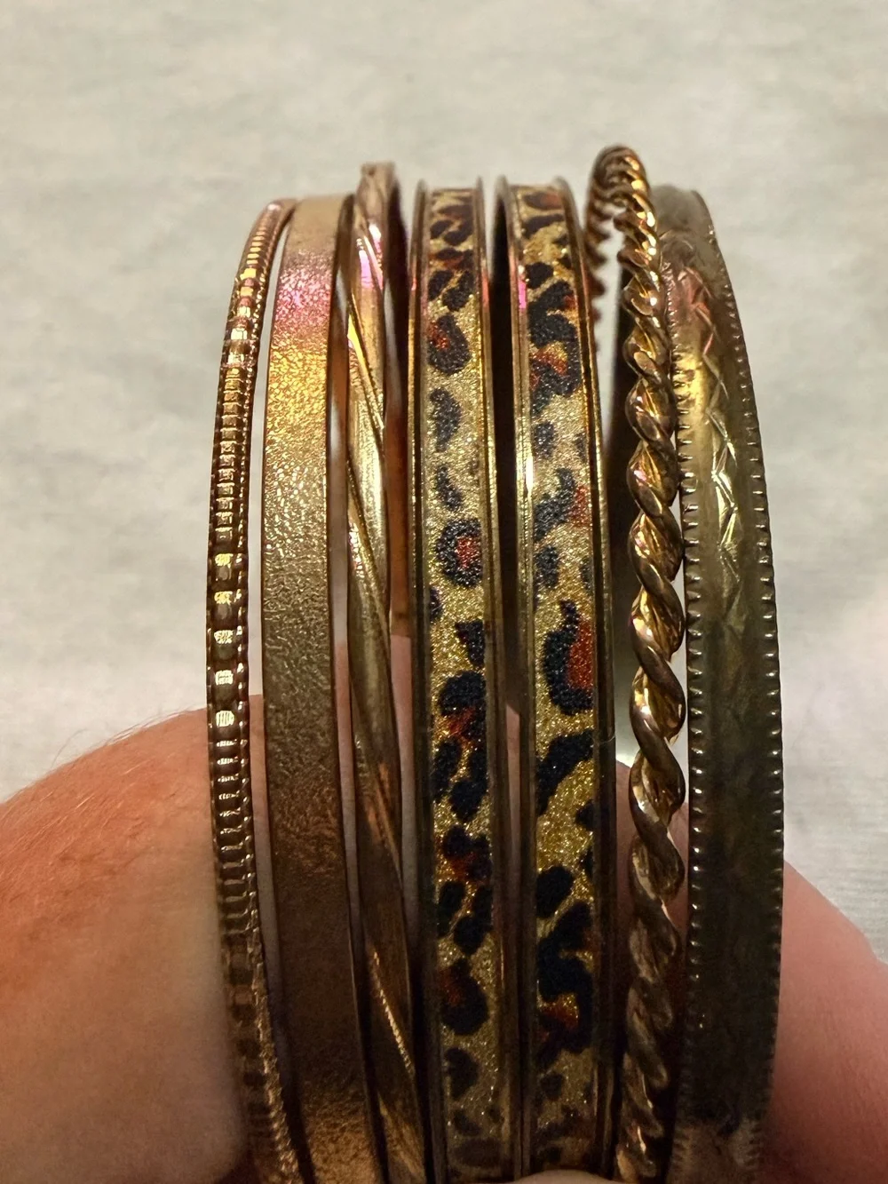 Gold Tone Stackable Bangle Bracelet Set Lot, Mixed Textured Styles, Size 9-9.5